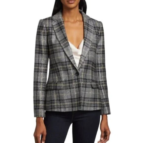 L'Agence Diana Silver Metallic Plaid Skinny Lapel Blazer | Size 2 ($775) - Picture 1 of 11